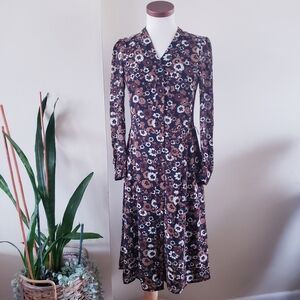 MICHAEL KORS Floral Midi Chiffon V Neck Button Front Long Sleeve Dress - M